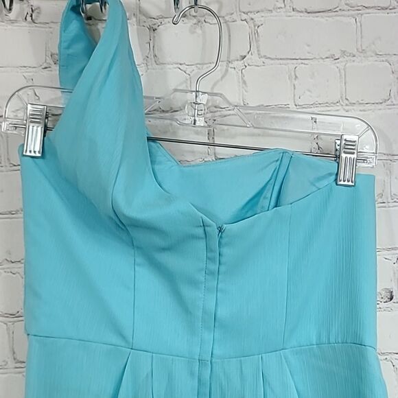 David's Bridal Aqua Crinkle Chiffon One Shoulder Short Bridesmaid Prom Dress 6 - Picture 11 of 14
